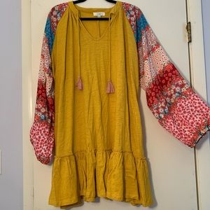 Boho mustard Umgee dress with floral sleeves